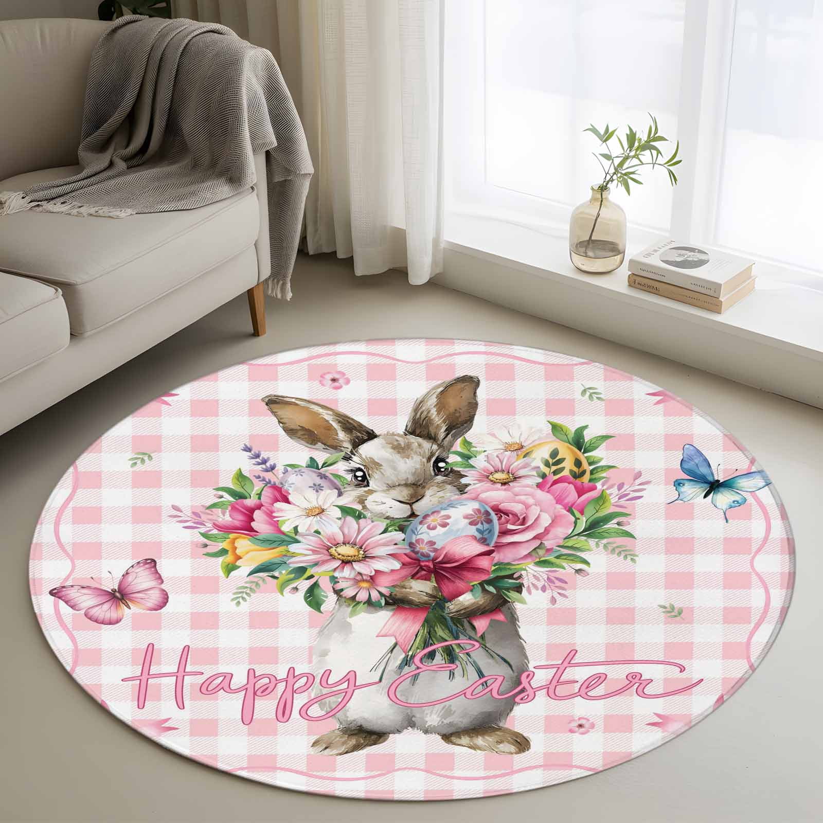 Easter Bunny Round Area Rug 4Ft Washable Circle Rugs for Bedroom Dining ...
