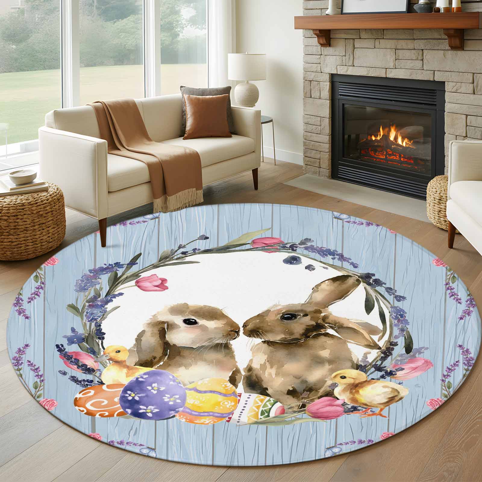 Easter Bunny Round Area Rug 5Ft Washable Circle Rugs for Living Room ...