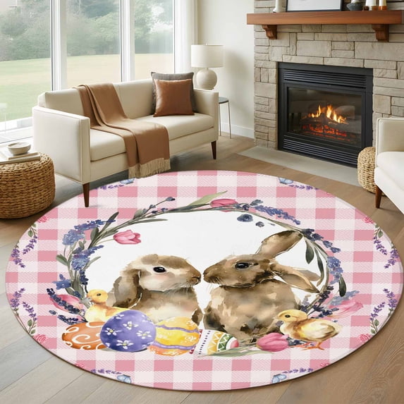 Easter Bunny Round Area Rug 5Ft Washable Circle Rugs for Living Room Bedroom, Spring Easter Eggs Chick Floral Pink Check Non-Slip Carpet Floor Mats Indoor Outdoor Carpet Runner Aesthetic Home Decor