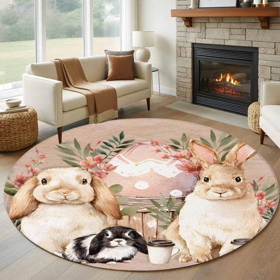 Easter Bunny Round Area Rug 5ft, Eggs Green Leaves Rustic Flowers Cups Vintage Washable Non-Slip Circle Rugs for Bedroom Living Room Kitchen, Soft Low Pile Carpet for Dining Room Playroom Nursery