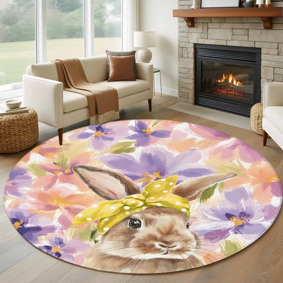 Easter Bunny Round Area Rug 5ft, Spring Purple Flowers Scarf Rabbit Pastoral Washable Non-Slip Circle Rugs for Bedroom Living Room Kitchen, Soft Low Pile Carpet for Dining Room Playroom Nursery