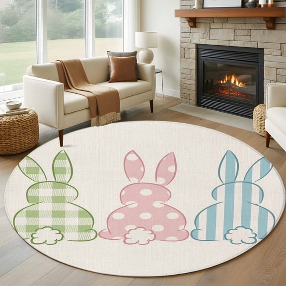Easter Bunny Round Area Rug 6 FT, Non Slip Bedroom Rugs, Farmhouse Rabbit Butt Polka Dot Spring Washable Soft Circular Carpet Non-Shedding Floor Mat for Kitchen Dining Room Home Office Kids Room