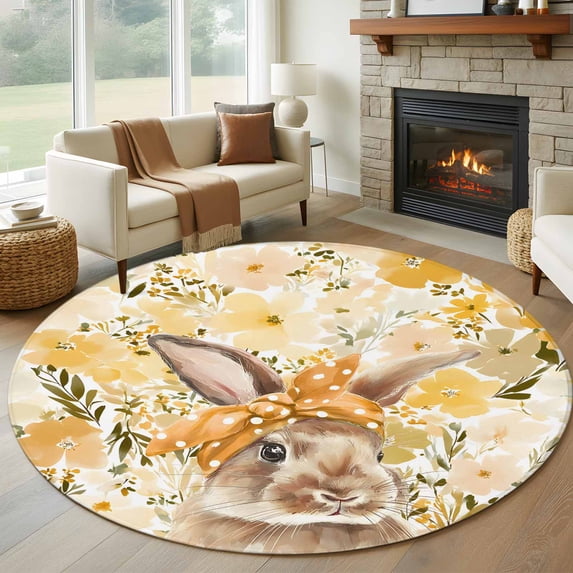 Easter Bunny Round Area Rug 6Ft Washable Circle Rugs for Bathroom Office, Spring Yellow Floral Rabbit Scarf Botanical Non-Slip Carpet Floor Mats Indoor Outdoor Carpet Runner Aesthetic Home Decor