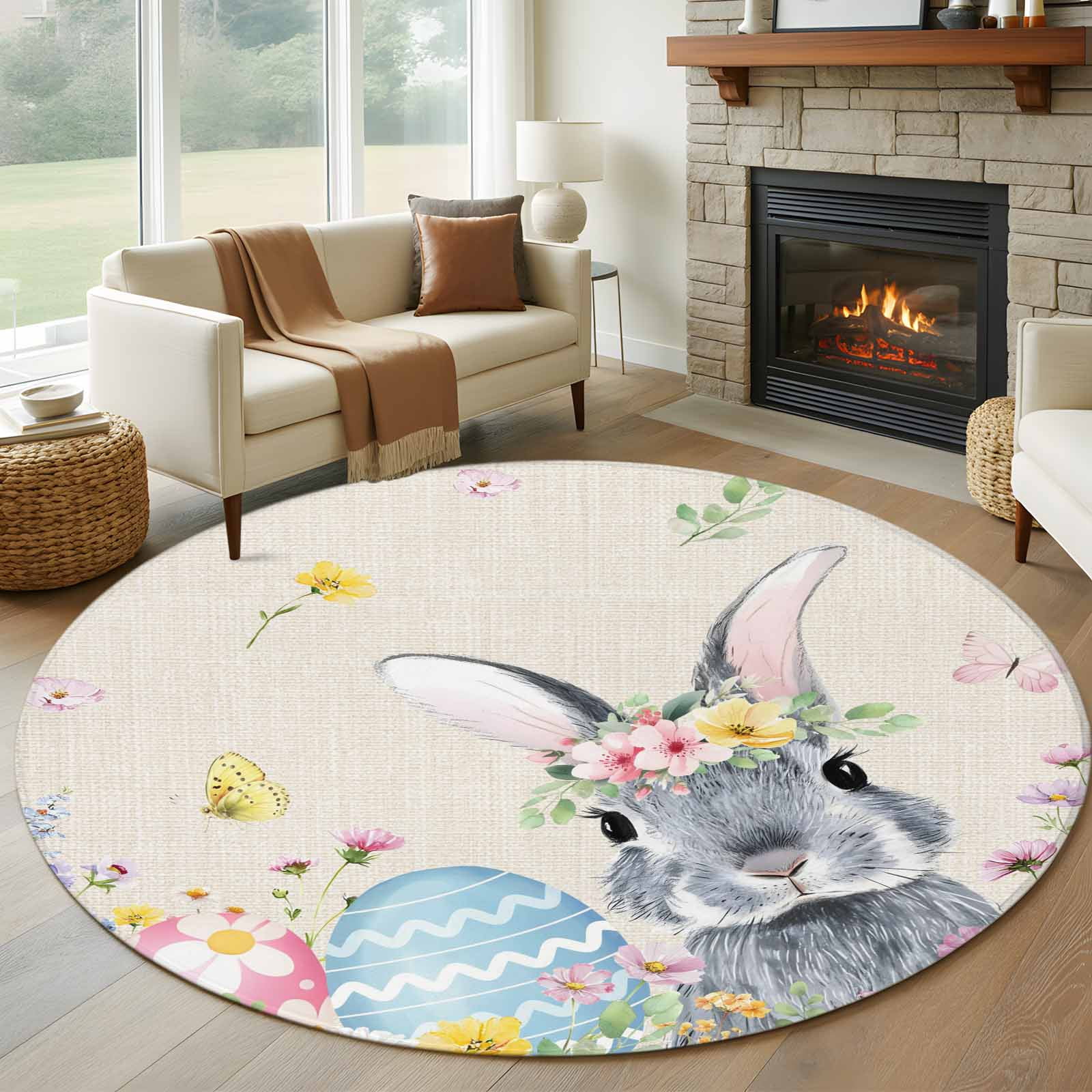 Easter Rug Design Easter Bunny Round Area Rug 7Ft Washable Circle Rugs for Dorm Laundry ...