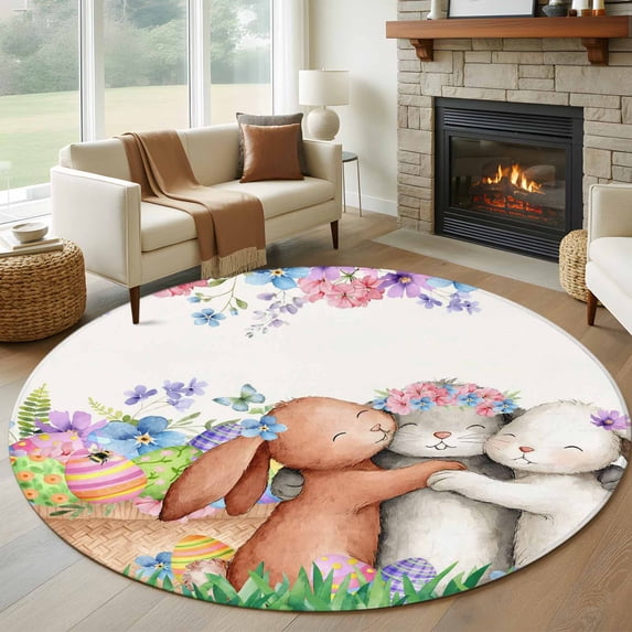 Easter Bunny Round Area Rug 8Ft Washable Large Circle Rugs for Living Room Dorm, Cute Rabbits Colorful Eggs Spring Rustic Flower Non-Slip Carpet Floor Mats Indoor Outdoor Carpet Runner Home Decor