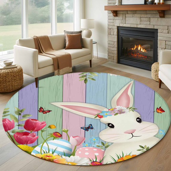 Easter Bunny Round Area Rug 8Ft Washable Large Circle Rugs for Living Room Dorm, Farmhouse Watercolor Eggs Tulip Wood Grain Non-Slip Carpet Floor Mats Indoor Outdoor Carpet Runner Home Decor