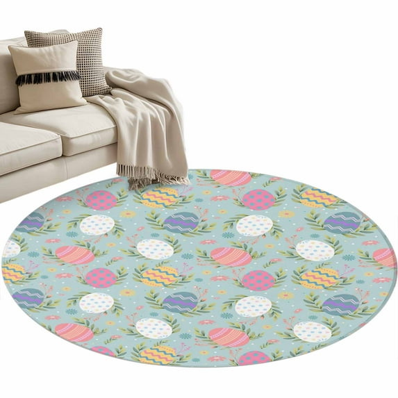 Easter Bunny Round Area Rugs Collection 3.3', Colorful Eggs Spring Leaves Daisy Blue Non Slip Indoor Circular Throw Runner Rug Floor Mat Carpet for Living Room Dining Table Bedroom Nursery