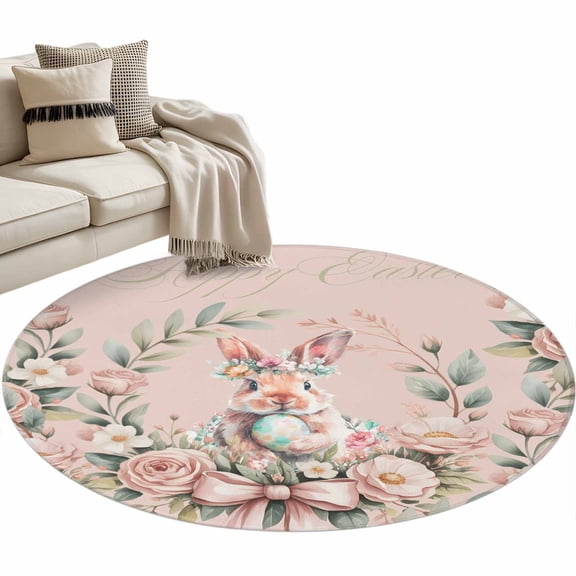 Easter Bunny Round Area Rugs Collection 3', Cute Pink Rabbit Rose Flowers Pastoral Botanical Non Slip Indoor Circular Throw Runner Rug Floor Mat Carpet for Living Room Dining Table Bedroom Nursery