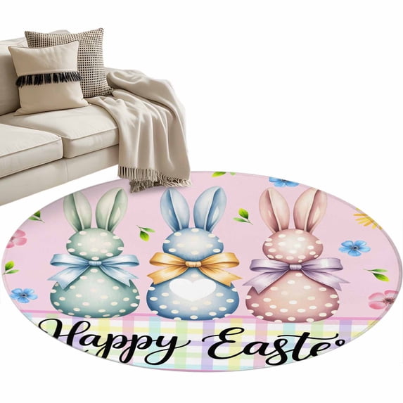 Easter Bunny Round Area Rugs Collection 3', Spring Watercolor Polka Dot Flower Plaid Pink Non Slip Indoor Circular Throw Runner Rug Floor Mat Carpet for Living Room Dining Table Bedroom Nursery