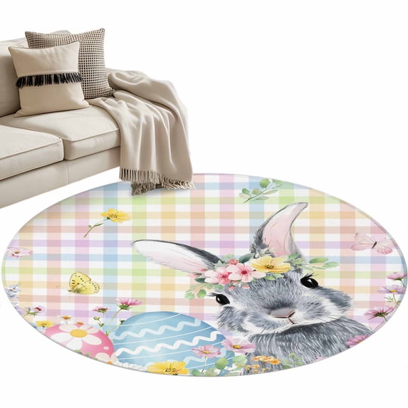 Easter Bunny Round Area Rugs Collection 4', Blue Easter Eggs Spring Floral Colorful Plaid Non Slip Indoor Circular Throw Runner Rug Floor Mat Carpet for Living Room Dining Table Bedroom Nursery