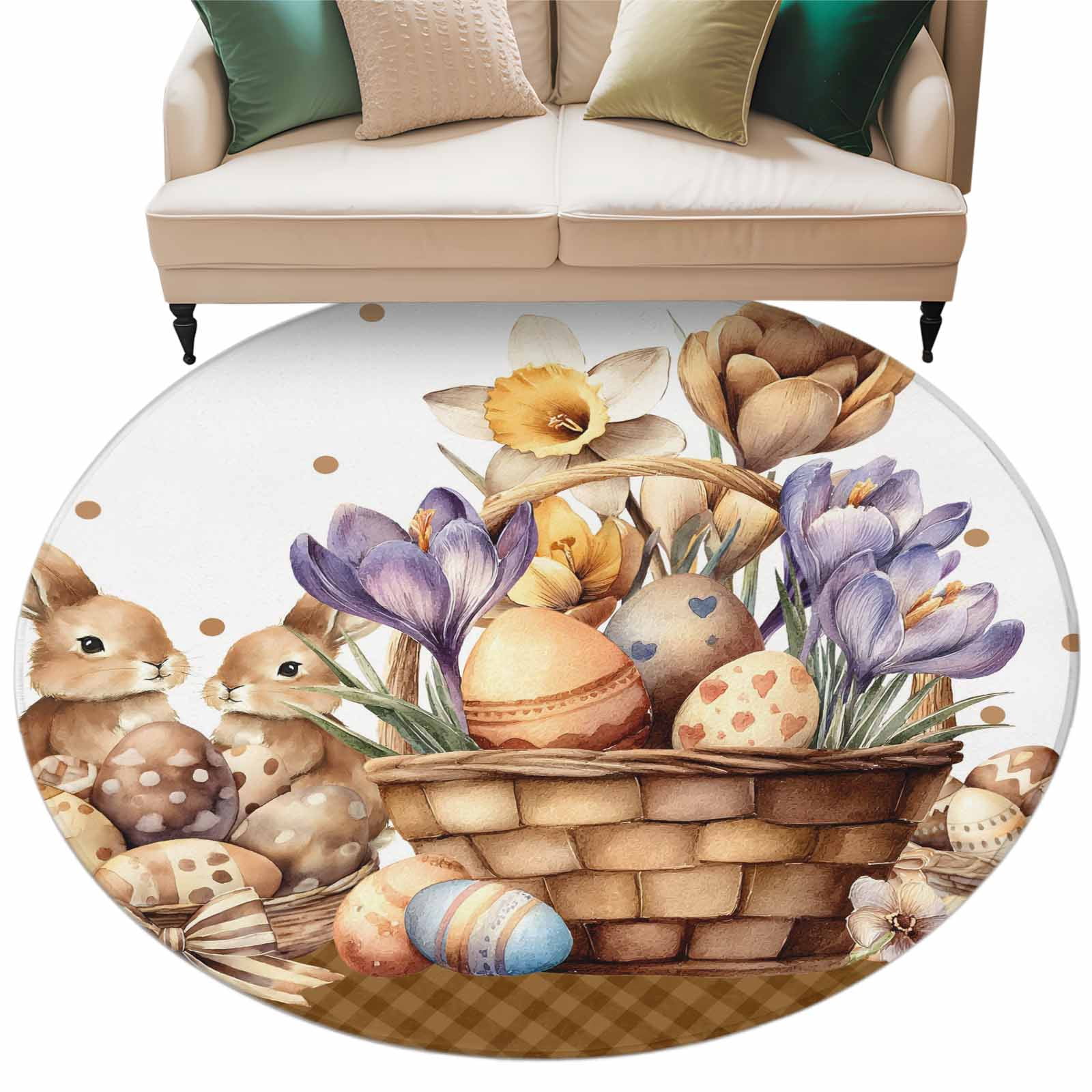 Round Easter Rug Easter Bunny Round Area Rugs Collection 6', Brown Eggs Floral Rabbits ...