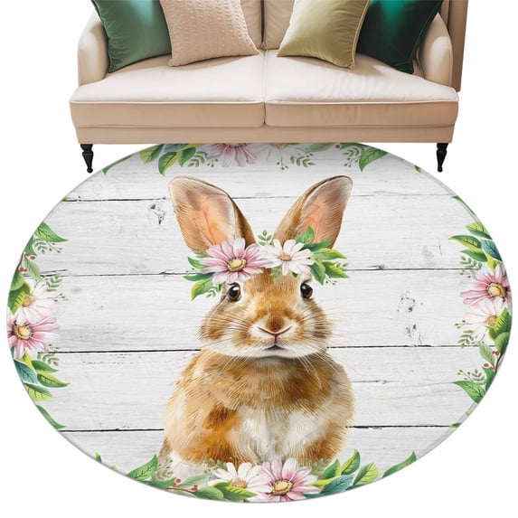 Easter Bunny Round Area Rugs Collection 8', Spring Daisy Botanical Leaves Gray Wooden Non Slip Indoor Circular Throw Runner Rug Floor Mat Carpet for Living Room Dining Table Bedroom Nursery