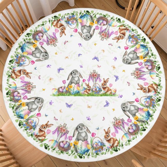 Easter Bunny Round Fitted Tablecloth with Elastic Edge 40-44 Inch Colourful Rabbit Pattern Table Cover Washable Holiday Table Cloth for Kitchen Dining Party Patio Picnic