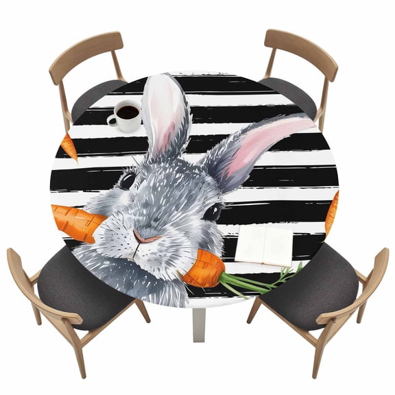 Easter Bunny Round Fitted Tablecloth with Elastic Edge Watercolor Easter Rabbit Biting A Carrot Rustic Black Stripes Table Cover Fit for 36"-44" Tables Tablecloths for Dinner Camping Picnic