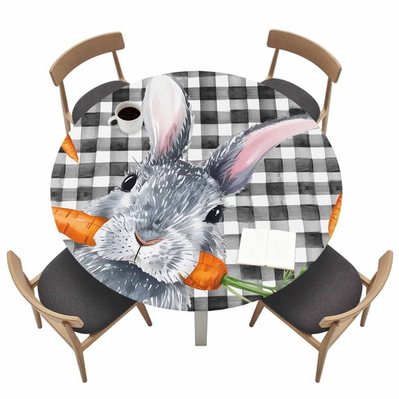 Easter Bunny Round Fitted Tablecloth with Elastic Edge Watercolor Easter Rabbit Biting A Carrot Rustic Grey Buffalo Plaid Table Cover Fit for 45"-54" Tables Tablecloths for Dinner Camping Picnic