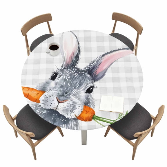 Easter Bunny Round Fitted Tablecloth with Elastic Edge Watercolor Easter Rabbit Biting A Carrot Rustic Light Grey Plaid Table Cover Fit for 36"-44" Tables Tablecloths for Dinner Camping Picnic