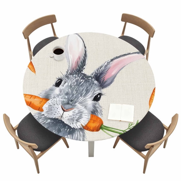 Easter Bunny Round Fitted Tablecloth with Elastic Edge Watercolor Easter Rabbit Biting A Carrot Rustic Linen Texture Table Cover Fit for 36"-44" Tables Tablecloths for Dinner Camping Picnic