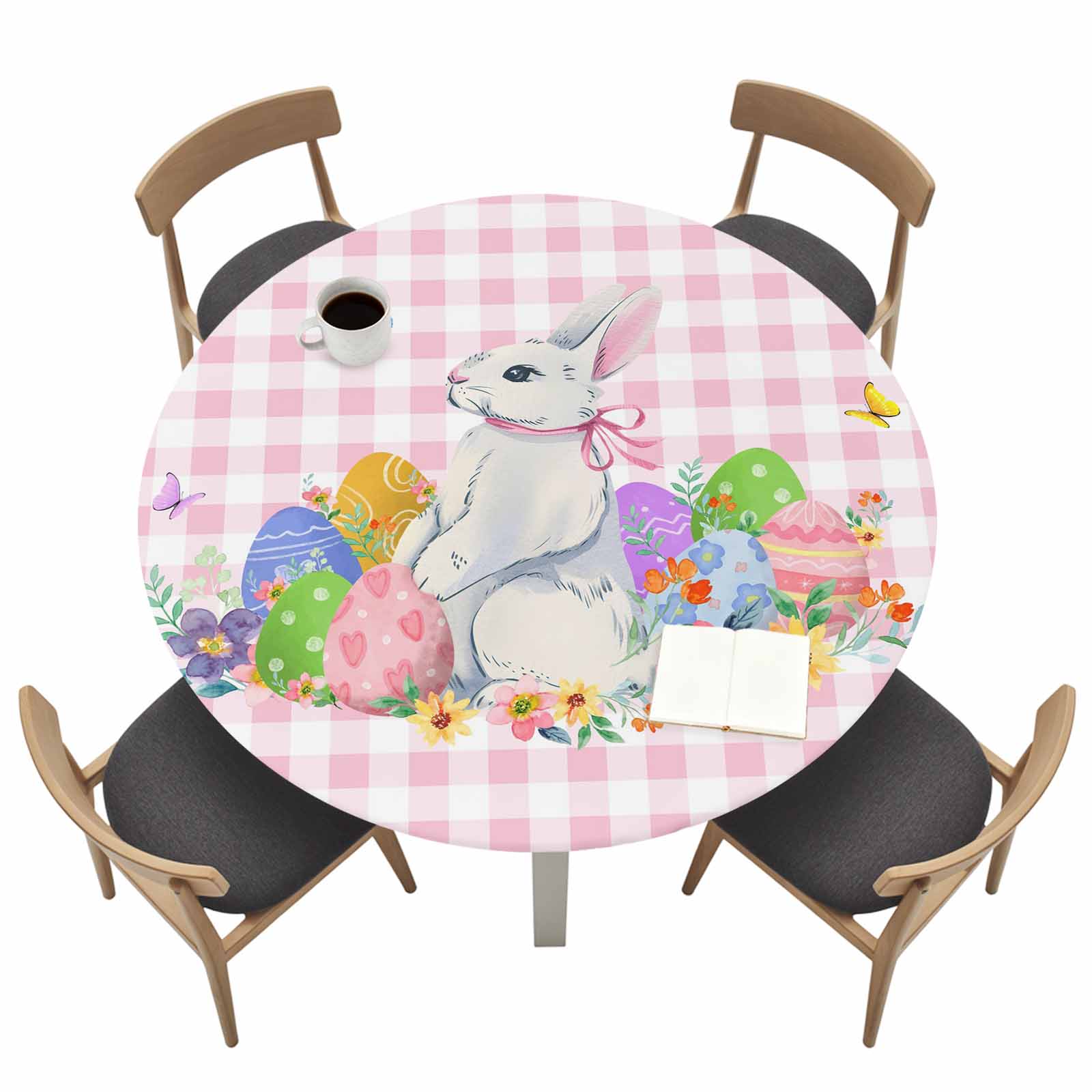 Bedside Table Spring Style Easter Bunny Round Fitted Tablecloth with Elastic Edge Watercolor ...