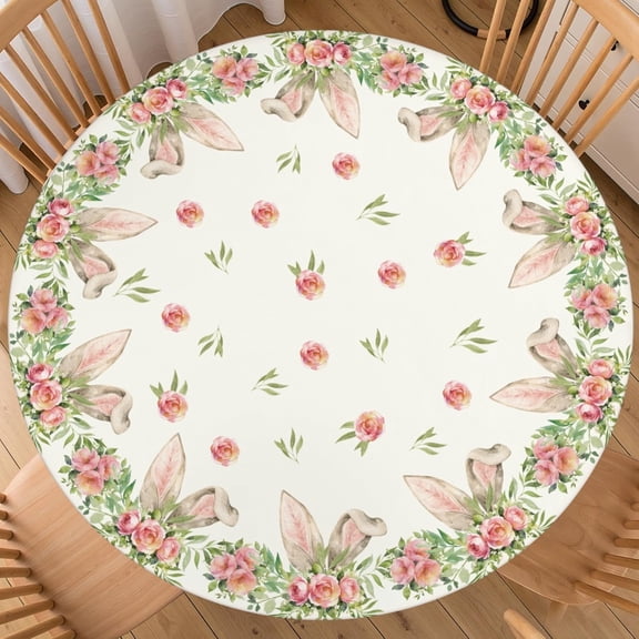 Easter Bunny Round Fitted Tablecloth with Elastic Edge 44-48 Inch Rabbit Table Cover Washable Floral Table Cloth for Kitchen Dining Party Picnic