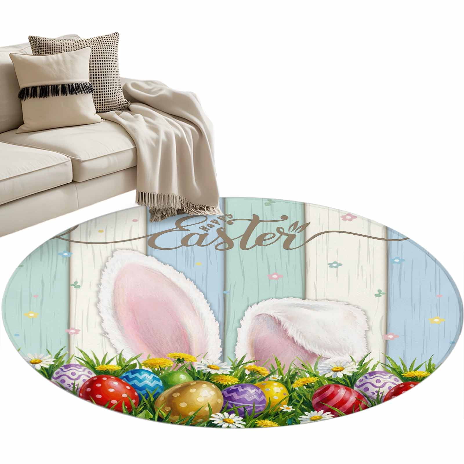 Round Easter Rug Easter Bunny Round Rug 4Ft Watercolor Rabbit Colored Eggs Spring Leaves ...