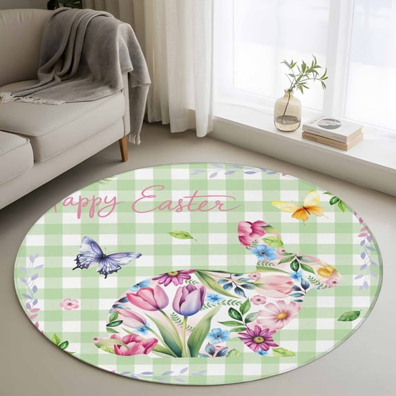Easter Bunny Round Rug 4ft Washable Circle Entryway Rugs Non Slip Spring Flower Daisy Tulips Green Checkered Area Rug Indoor Floor Carpet for Bedroom Kitchen Living Room Home Office Dining Room