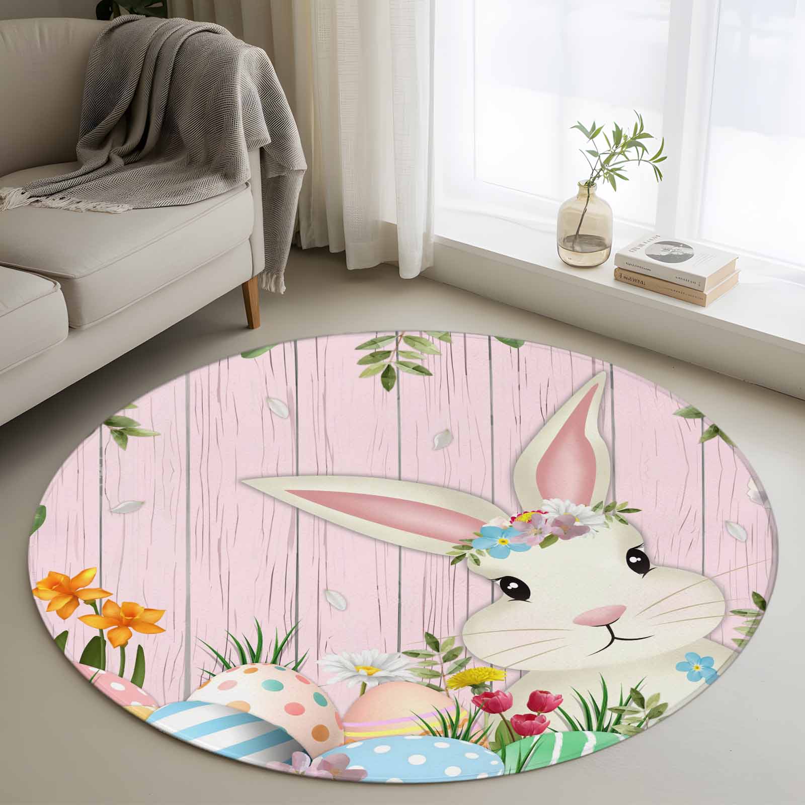Round Easter Rug Easter Bunny Round Rug 4ft Washable Circle Entryway Rugs Non Slip ...