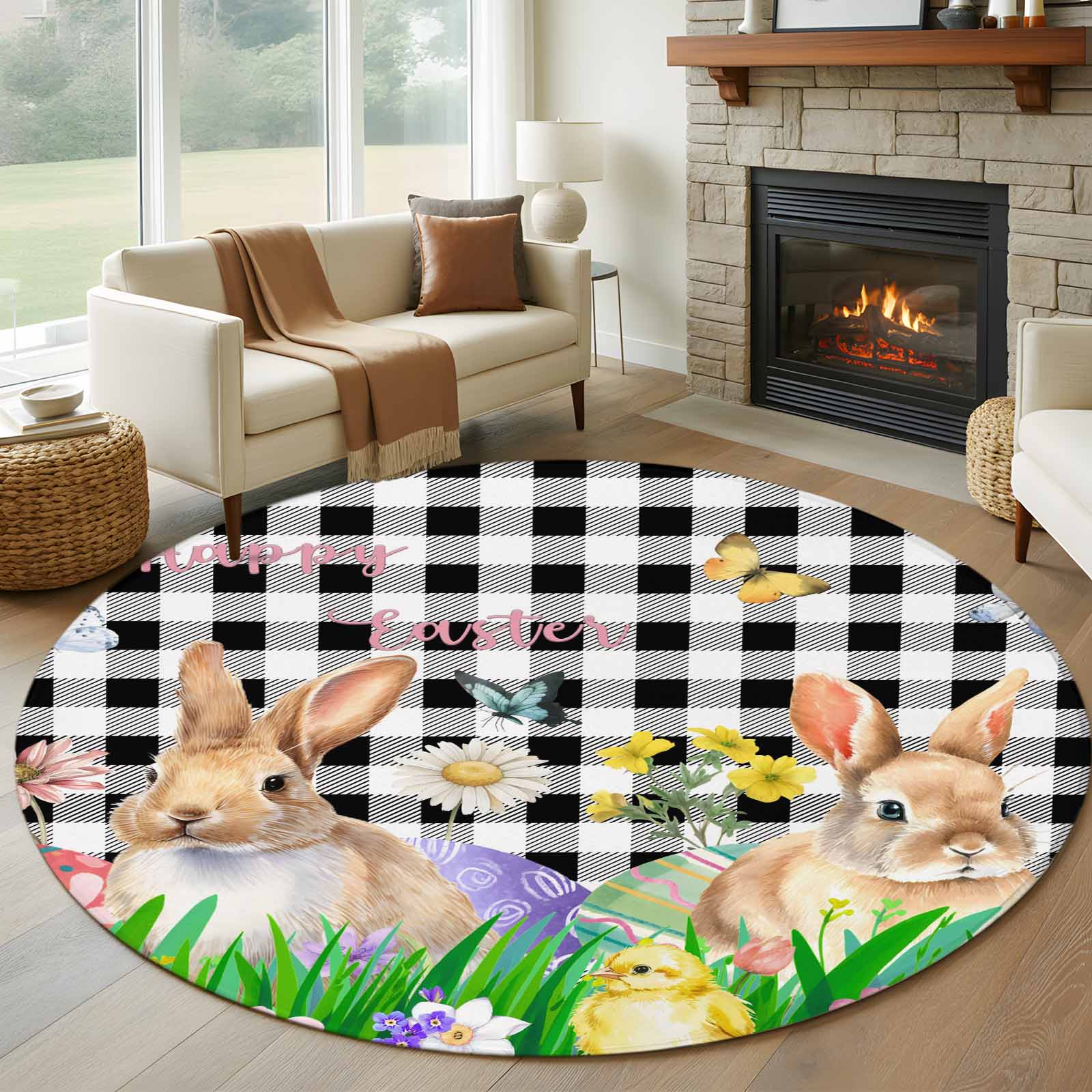 Easter Rabbit Round Easter Bunny Round Rug 5ft Washable Circle Kitchen Rugs Non Slip Spring ...