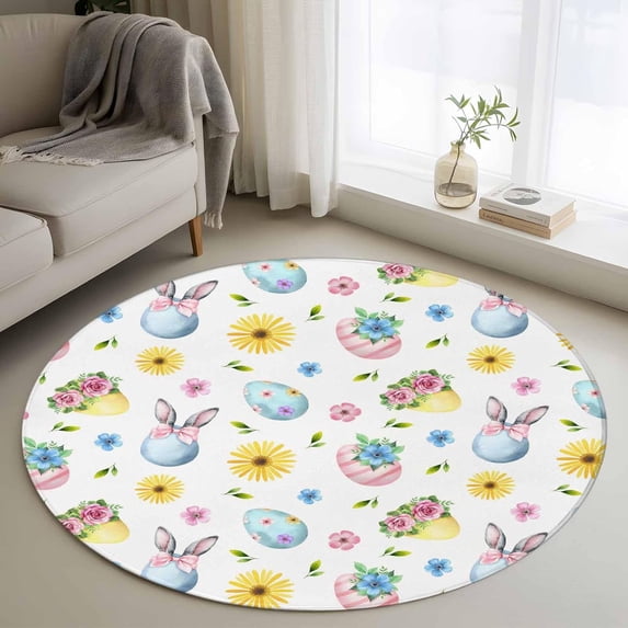 Easter Bunny Round Rugs 4ft Washable Blue Eggs Yellow Daisy Pink Flower Leaf Watercolor Circle Area Rug Non Slip Indoor Carpet Absorbent Floor Mat for Living Room Bedroom Dining Room