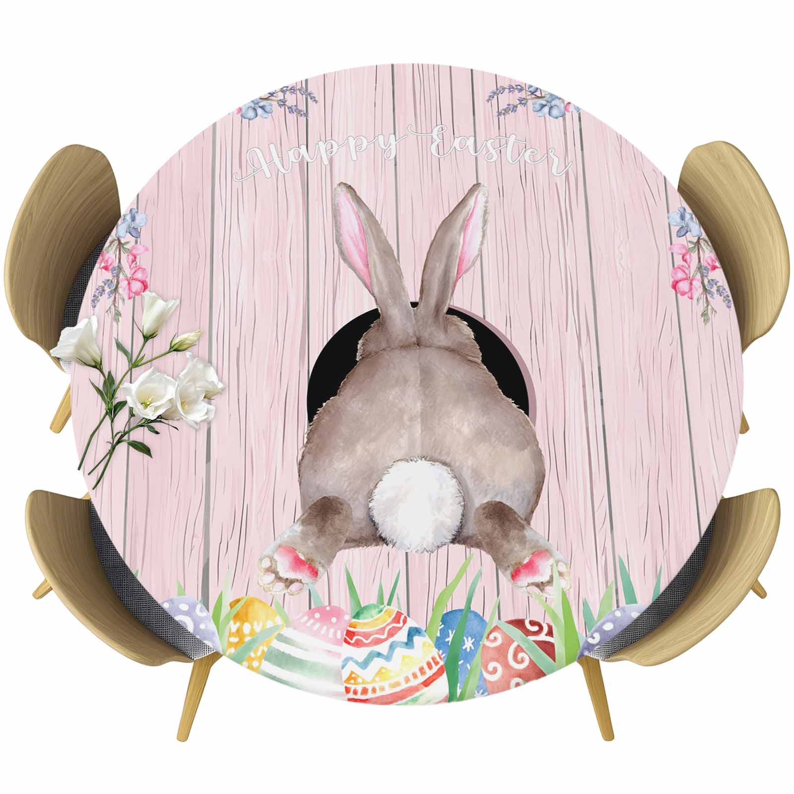 Cute Rabbit 4081 Easter Bunny Round Tablecloth, Fitted Table Cover with Elastic for 36 ...
