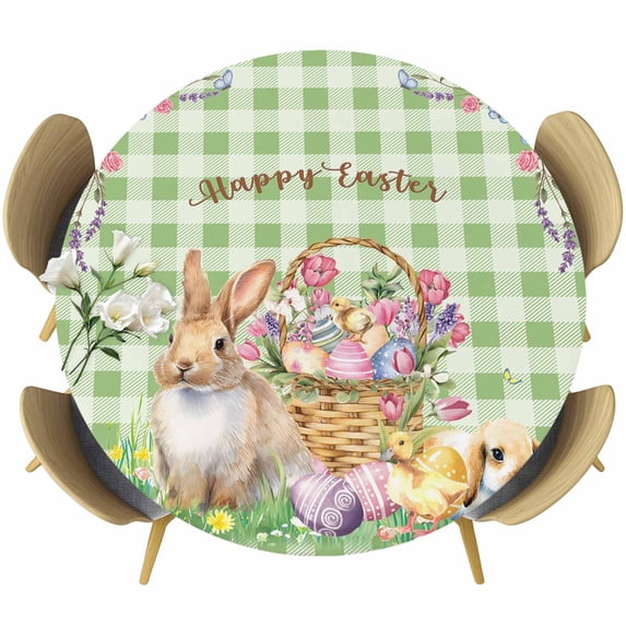 Easter Bunny Round Tablecloth, Fitted Table Cover with Elastic for 45"-54" Round Tables, Spring Easter Eggs Floral Sage Green Check Table Cloth Outdoor Indoor Dinning Party Waterproof Tablecloths
