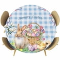 thumbnail image 1 of Easter Bunny Round Tablecloth, Fitted Table Cover with Elastic for 55"-60" Round Tables, Spring Easter Eggs Floral Blue Check Table Cloth Outdoor Indoor Dinning Party Waterproof Tablecloths, 1 of 7