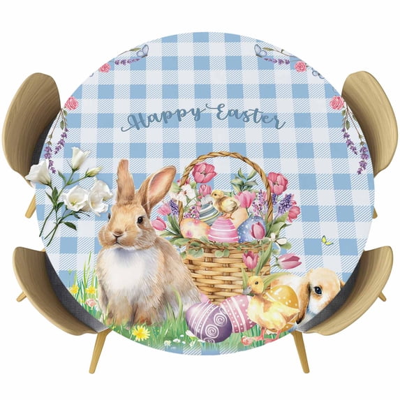 Easter Bunny Round Tablecloth, Fitted Table Cover with Elastic for 55"-60" Round Tables, Spring Easter Eggs Floral Blue Check Table Cloth Outdoor Indoor Dinning Party Waterproof Tablecloths