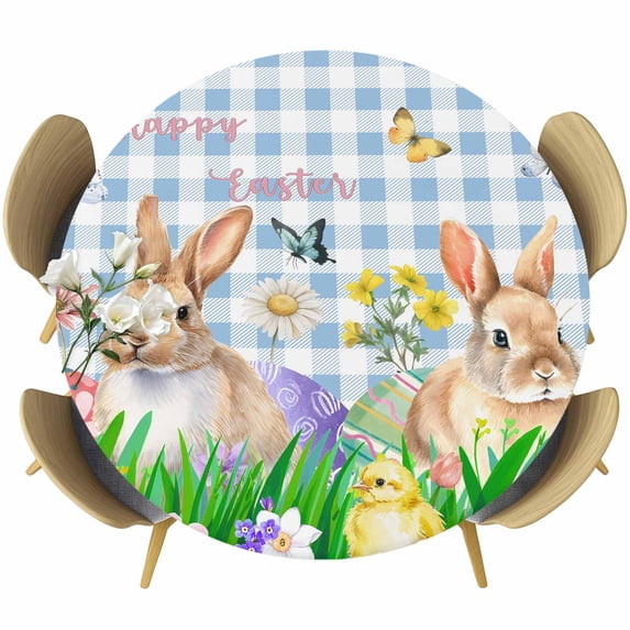 Easter Bunny Round Tablecloth, Fitted Table Cover with Elastic for 55"-60" Round Tables, Spring Easter Eggs Floral Blue Plaid Table Cloth Outdoor Indoor Dinning Party Waterproof Tablecloths