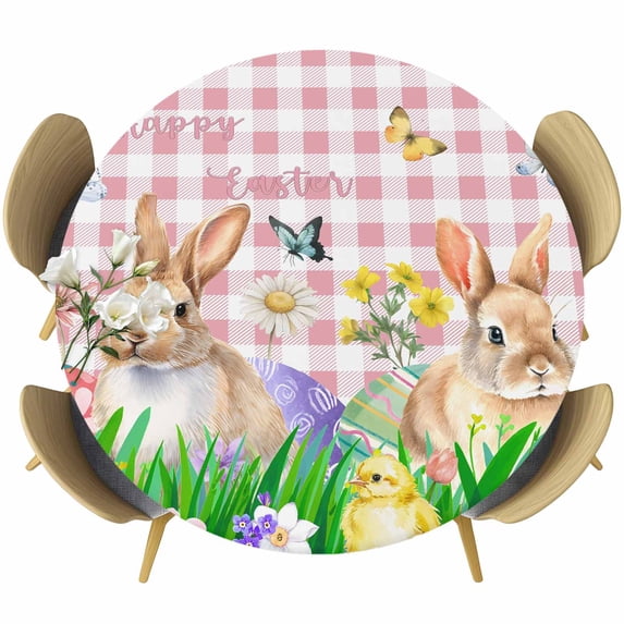 Easter Bunny Round Tablecloth, Fitted Table Cover with Elastic for 55"-60" Round Tables, Spring Easter Eggs Floral Pink Plaid Table Cloth Outdoor Indoor Dinning Party Waterproof Tablecloths