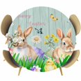 thumbnail image 1 of Easter Bunny Round Tablecloth, Fitted Table Cover with Elastic for 55"-60" Round Tables, Spring Easter Eggs Floral Teal Wood Table Cloth Outdoor Indoor Dinning Party Waterproof Tablecloths, 1 of 7
