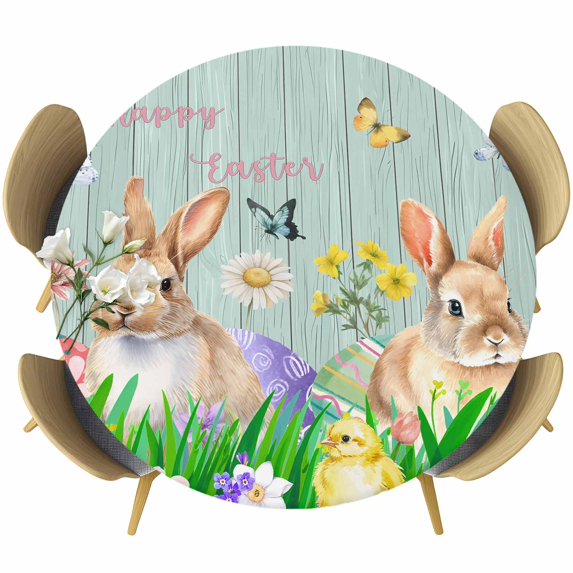 Easter Bunny Round Tablecloth, Fitted Table Cover with Elastic for 55"-60" Round Tables, Spring Easter Eggs Floral Teal Wood Table Cloth Outdoor Indoor Dinning Party Waterproof Tablecloths