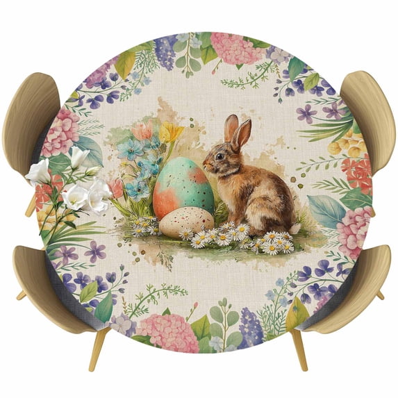 Easter Bunny Round Tablecloth, Fitted Table Cover with Elastic for 55"-60" Round Tables, Spring Floral Blossom Easter Eggs Burlap Table Cloth Outdoor Indoor Dinning Party Waterproof Tablecloths