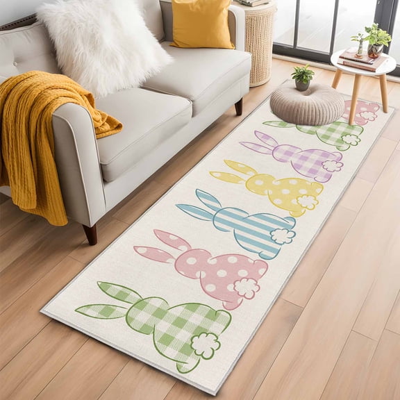 Easter Bunny Runner Rug 2x6 FT,Non Slip Hallway Rugs,Farmhouse Rabbit Butt Polka Dot Spring Washable Soft Floor Carpet Throw Runner Carpet Long Rugs for Entryway Kitchen Bedside Sliding Door
