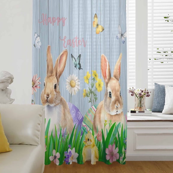 Easter Bunny Semi Sheer Curtains Drapes for Living Room, Bedroom, French Doors Window 54 Inches Long, Spring Easter Eggs Chicken Blue Wood Rod Pocket Chiffon Curtain Drapery Voile Draperies Panel