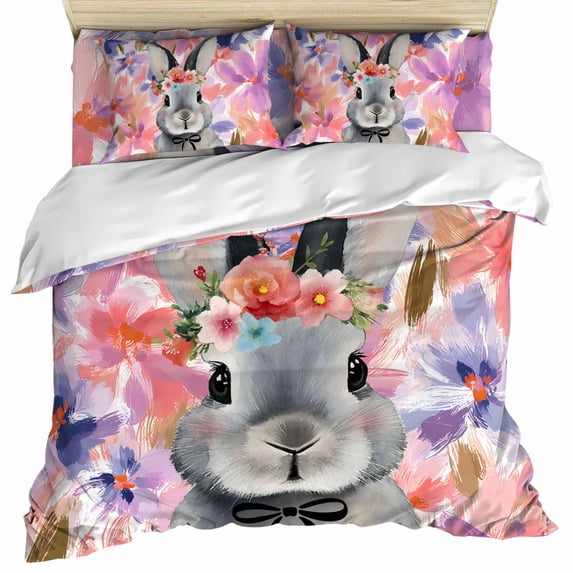 Easter Bunny Set of 4 Bedding Quilt Covers, Spring Pink Flowers Rabbit ...