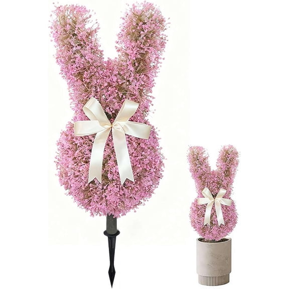 Easter Bunny Shaped Artificial Topiary Trees with Ground Spike, 29.53 Inch Pink Lifelike Faux Boxwood Rabbit Bushes, Spring Outdoor Garden Patio Yard Decoration