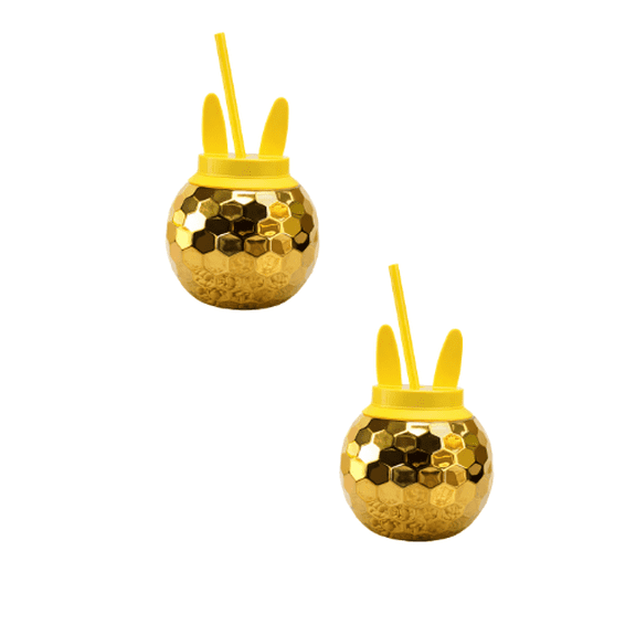 Easter Bunny Shaped Plastic Tumbler with Twist-On Lid and Straw, Yellow, 2 Pack