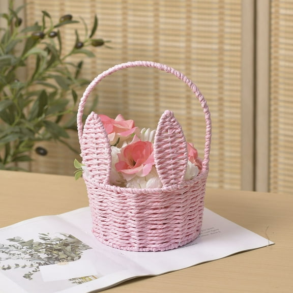 Easter Bunny Shaped Woven Basket with Long Ears,Metal Wire Storage Tote for Egg Hunting and Candy Collection,Decorative Holiday Gift Basket for Teen Party and Spring Decor(Pink)