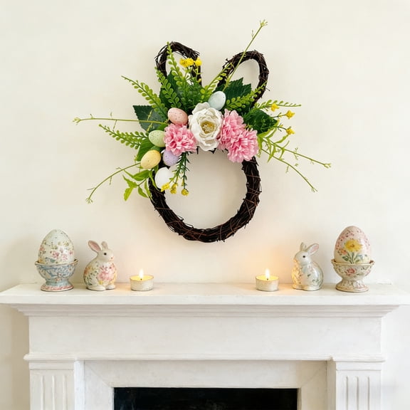 Easter Bunny Shaped Wreath, 10.2 Inch Green Plastic Mini Wreath, With String Egg Bow and Bunny Ear, For Front Door Hanging Window Display Spring Decor