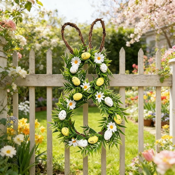 Easter Bunny Shaped Wreath with Bow, 19.6-Inch Front Door Hanging for Spring and Holiday Home Decor