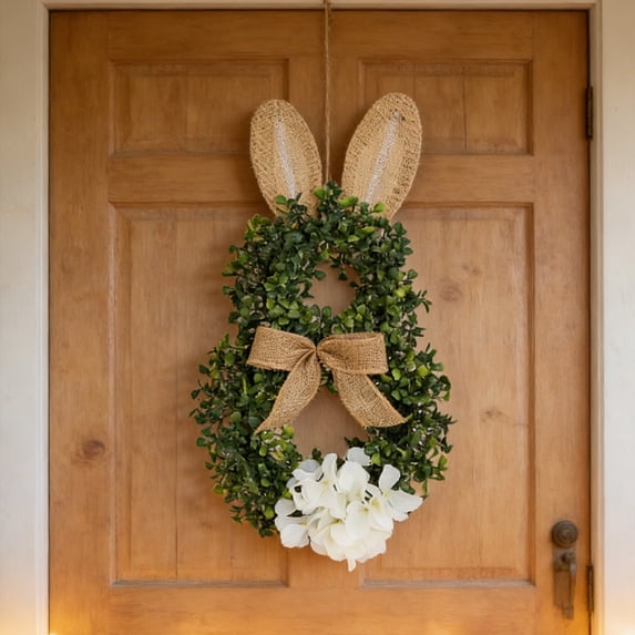 Easter Bunny-Shaped Wreath with Green Leaves & Bow, Festive Rabbit Ear Wreath, Front Door Window Hanging Decor for Easter Spring Home