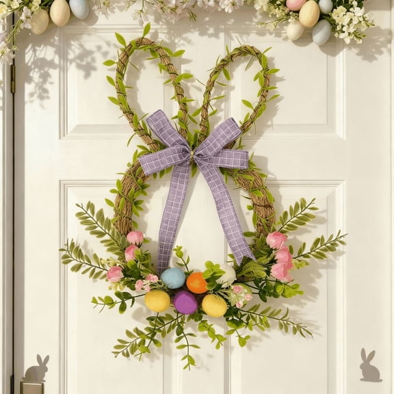 Easter Bunny-Shaped Wreath with Natural Bow, 15.7-Inch Front Door Hanging for Spring Scene Decoration