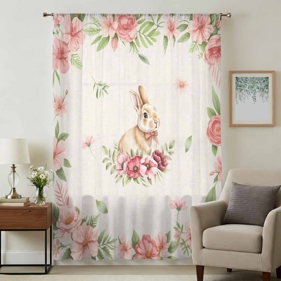 Easter Bunny Sheer Curtains 108" Extra Long, Spring Watercolor Pink Flower on Linen Light Filering Curtains, Privacy Drapes Simi Floor to Veiling Curtain for Living Room Bedroom Window Treatment