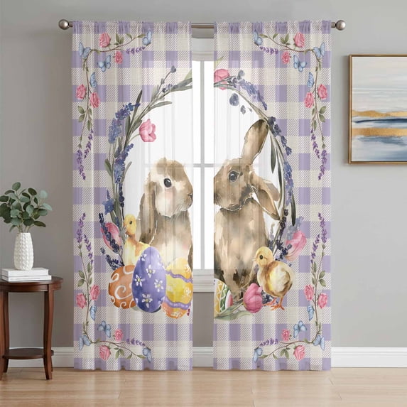 Easter Bunny Sheer Curtains 108 Inch Length 2 Panels Set Window Treatments, Spring Easter Eggs Chick Floral Purple Check Rod Pocket Semi Curtains for Living Room/Bedroom/Kitchen Décor, 104"W x 108"L