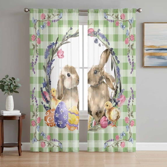 Easter Bunny Sheer Curtains 108 Inch Length 2 Panels Set Window Treatments, Spring Easter Eggs Chick Floral Sage Green Check Rod Pocket Semi Curtains for Living Room/Bedroom/Kitchen, 104"W x 108"L
